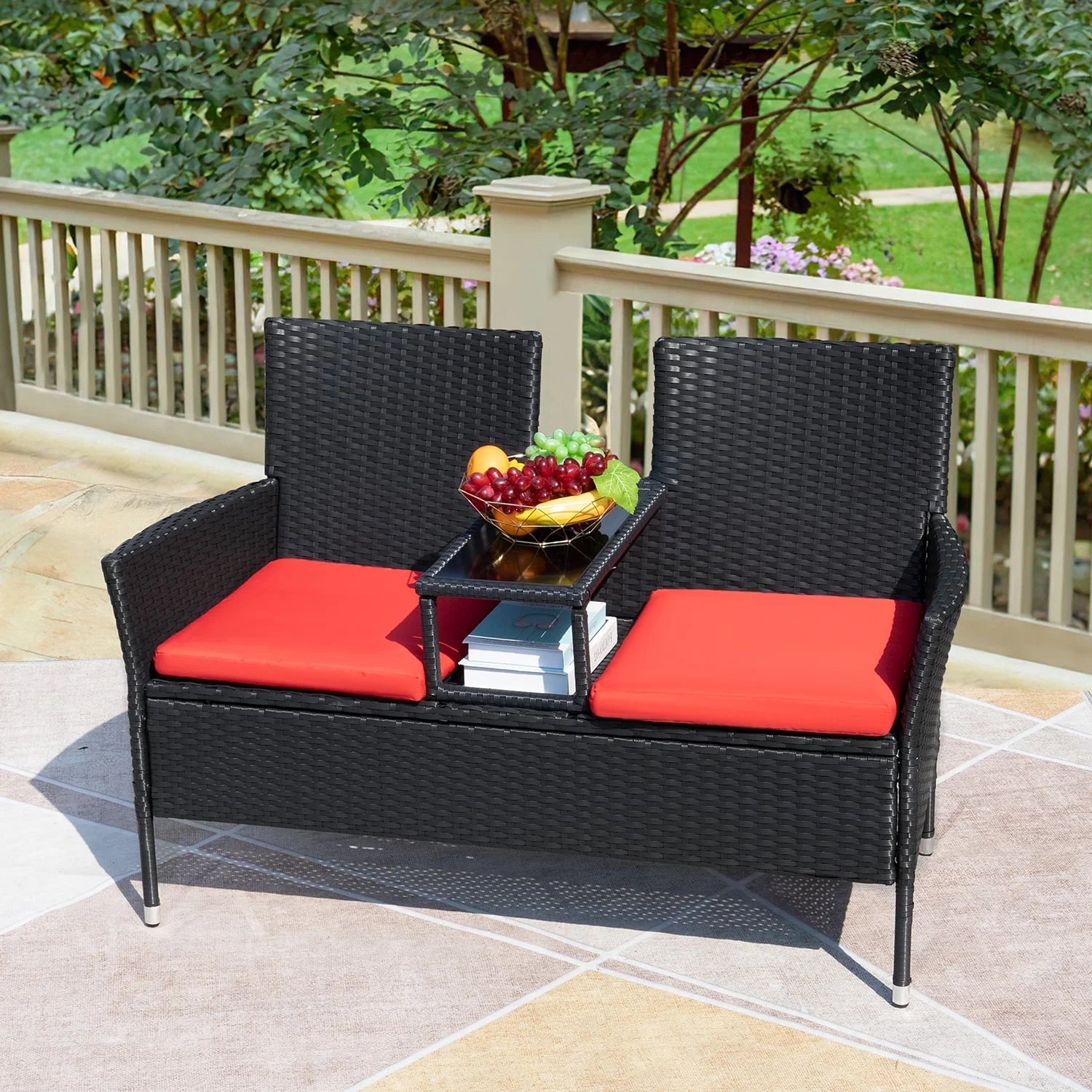 Outdoor Patio Loveseat Modern Rattan Patio Conversation Furniture Set with Cushions and Built-In Coffee Table Porch Furniture for Garden Lawn Backyard, Red