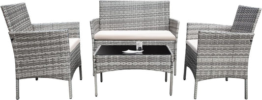 4 Pieces Outdoor Patio Furniture Sets Rattan Chair Wicker Set,Outdoor Indoor Use Backyard Porch Garden Poolside Balcony Furniture (Grey and Beige)