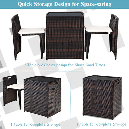 3PCS Outdoor Patio Rattan Furniture Set Space Saving Garden Deck W/Cushion No Assembly