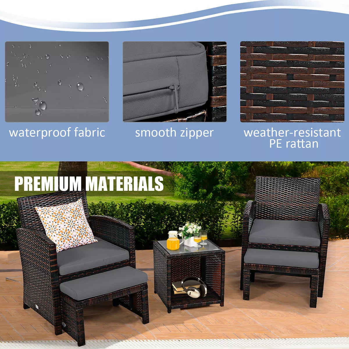 Costway 5PCS Patio Rattan Wicker Furniture Set Sofa Ottoman W/ Cushions