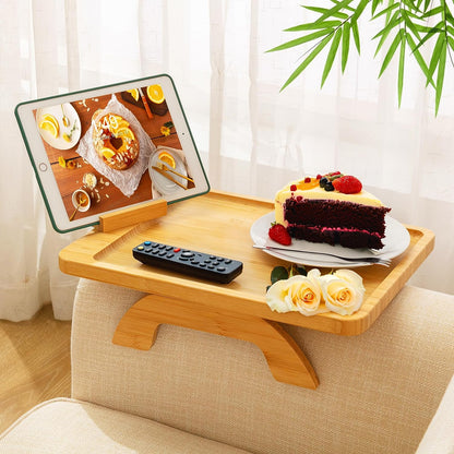 Couch Arm Table, Bamboo Sofa Clip on Tray Tables,Sofa Armrest Tray with 360° Phone Holder,Couch Armrest Table for Eating and Drinking