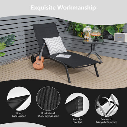 Outdoor Adjustable Chaise Lounge Patio 6-Position Recliner with Wheels Black