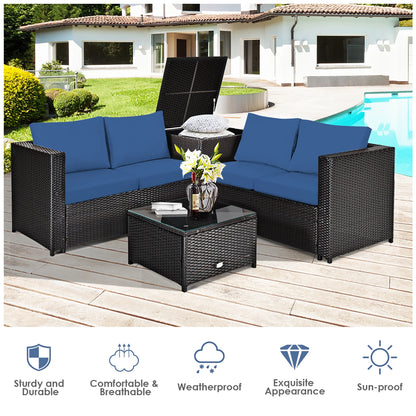 4PCS Patio Rattan Furniture Set Cushioned Loveseat Storage Table Navy