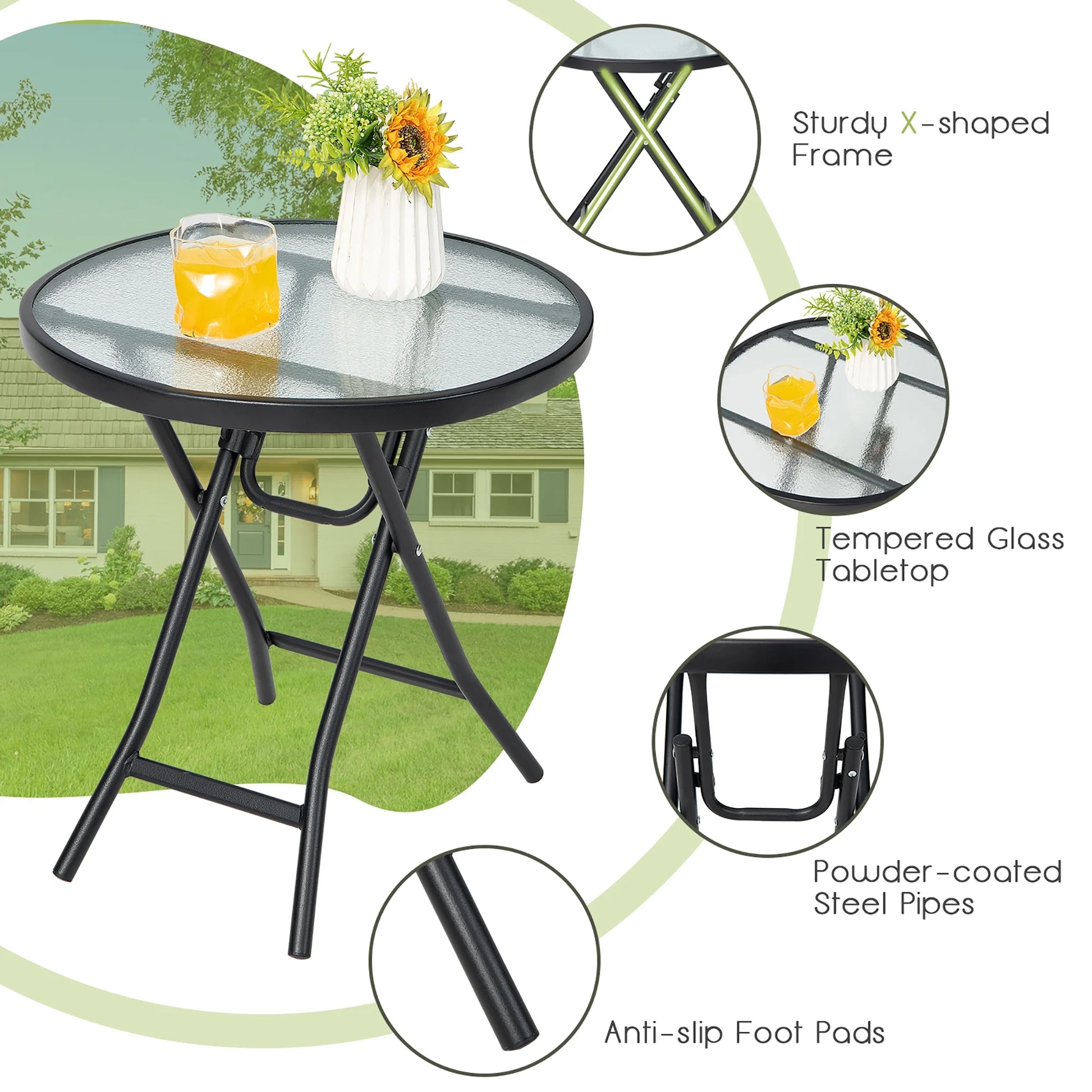 Patio Folding round Glass Side Table Bistro Coffee Table Plant Stand