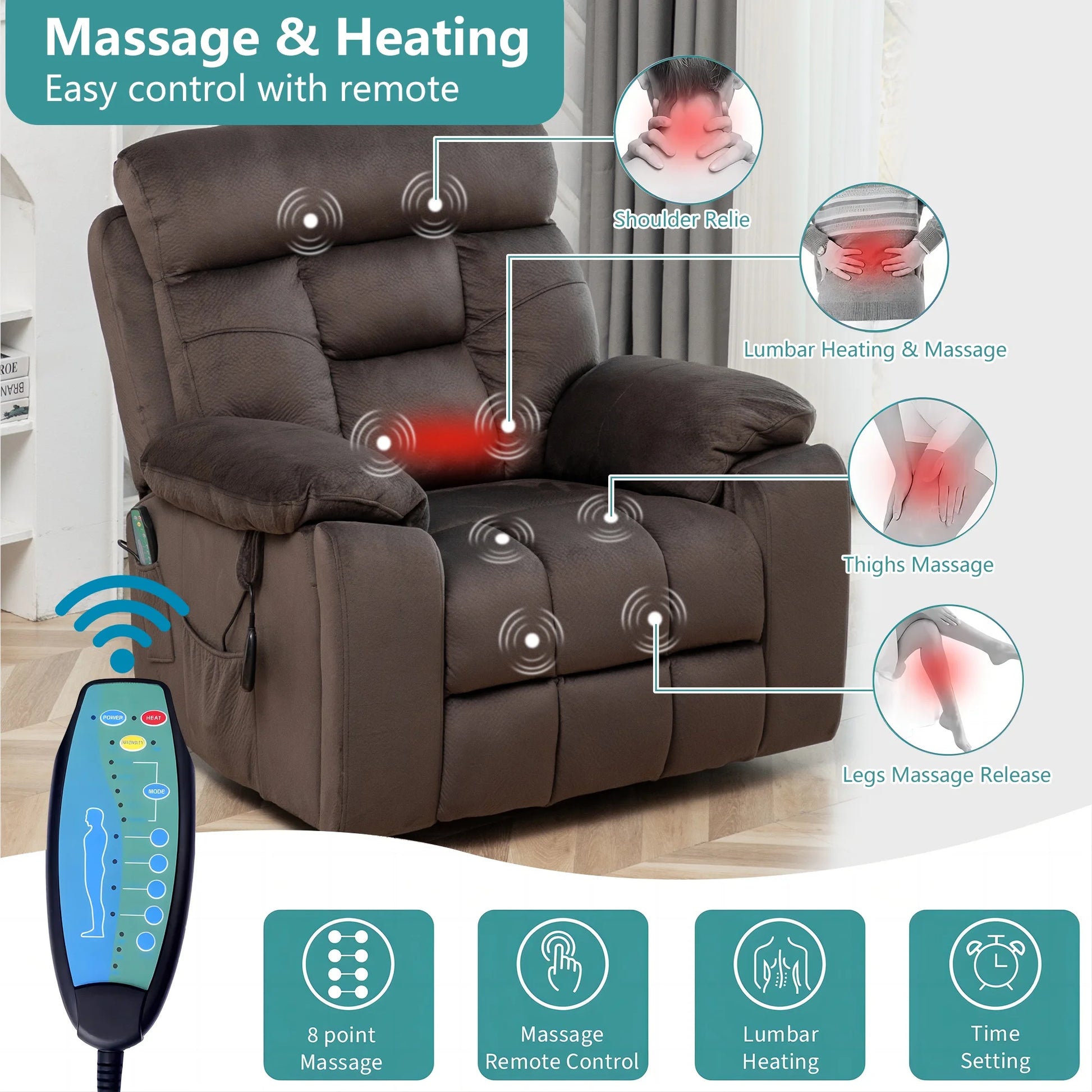 Oversized Massage Recliner Chair with Heat,  Large Electric Power Lift Recliner Chair for Big and Tall and Elderly with Hidden Cup Holder, 350Lb, Home Theater Accent Chairs, Dark Brown