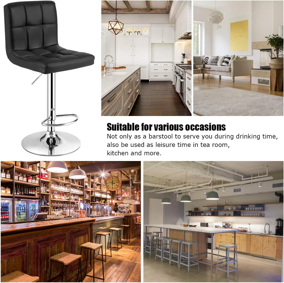 Adjustable Bar Stools Set of 2, Modern Swivel PU Leather Bar Chair with Backrest, Soft Cushioned Seat, Footrest, Sturdy Metal Frame, Comfortable Barstools for Kitchen Island, Pub, Black