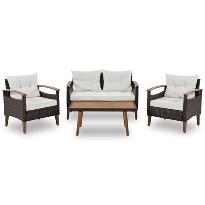 4-Piece Patio Seating Set, Patio Furniture Set, Patio Furniture Set, Wicker Garden Furniture with Wood Table and Legs, PE Rattan Outdoor Sofa Set for Balcony, Beige