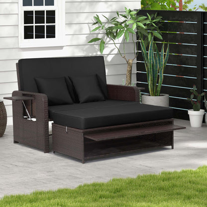 Patio Rattan Loveseat Set Daybed Lounge Storage Ottoman Side Tables Adjust Gray