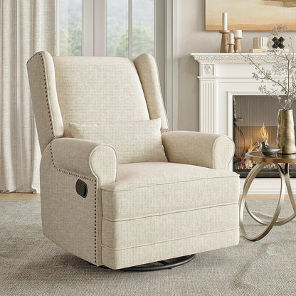 Swivel Nursery Glider Recliner, Comfy Upholstered Glider Chair with Lumbar Pillow and Footrest, Swivel Rocking Chair for Living Room, Grey