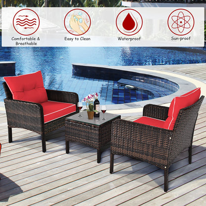 3PCS Outdoor Rattan Conversation Set Patio Furniture Cushioned Sofa Chair Red