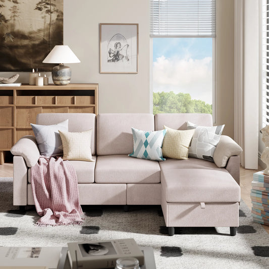 Sectional Sofa with Movable Storage Ottoman, L-Shaped Convertible Sofa Couch for Small Living Room, Beige