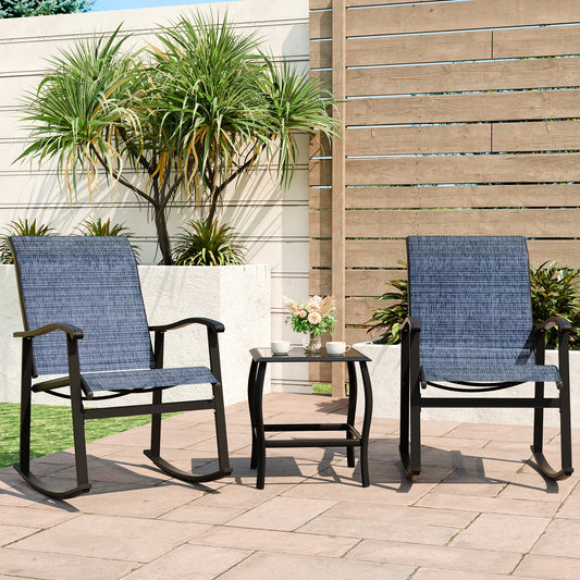 3 Pieces Rocking Bistro Patio Furniture Rocker Set with 2 Outdoor Rocking Chairs and 1 Glass Coffee Table for Porch Deck Lawn,Deep Blue