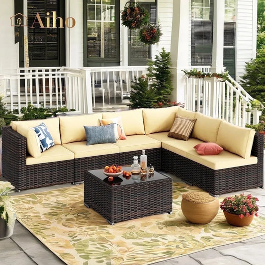 7 Piece Patio Furniture Sets,  Outdoor Sectional Sofa with Glass Coffee Table & Cushions for Patio - Beige