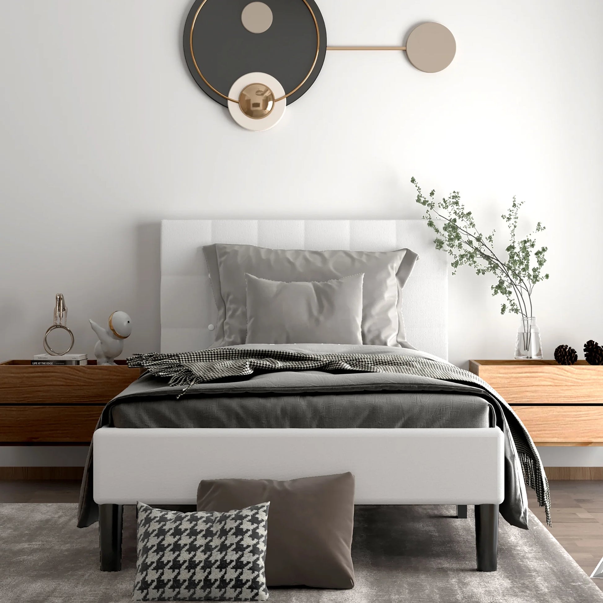 Twin Upholstered Bed Frame Button Tufted Headboard Mattress Foundation Beige