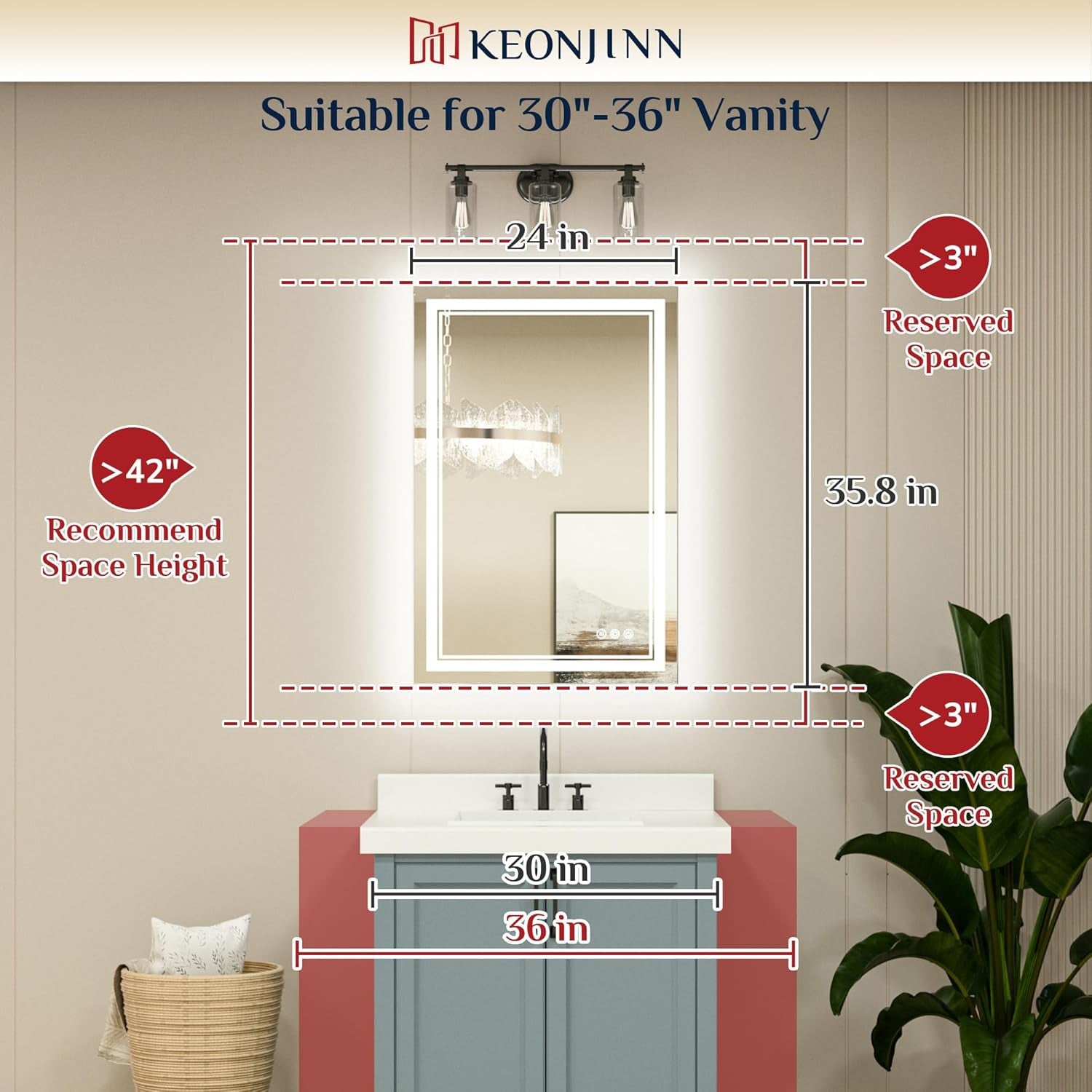 LED Mirror for Bathroom, 36 X 24 Inch, Wall Mounted, Dimmable, Anti-Fog, IP54 Waterproof, 3 Year Warranty