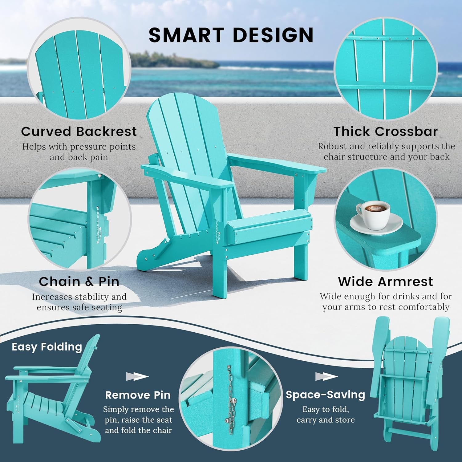 Westin Outdoors Laguna WO Home Furniture Adirondack Chair 2 PCS Set Outdoor Folding Patio Chair for Bon Fire Pit Garden Lawn Backyard Lounging Relaxing (Turquoise)