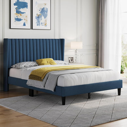 Queen Bed Frame Upholstered Platform Bed with Fabric Headboard, Wing Edge Design/Non-Slip and Noise-Free/Wooden Slats Support/No Box Spring Needed/Easy Assembly, Navy Blue Queen Bed