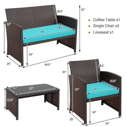 4PCS Patio Rattan Furniture Set Cushioned Chair Sofa Coffee Table Turquoise