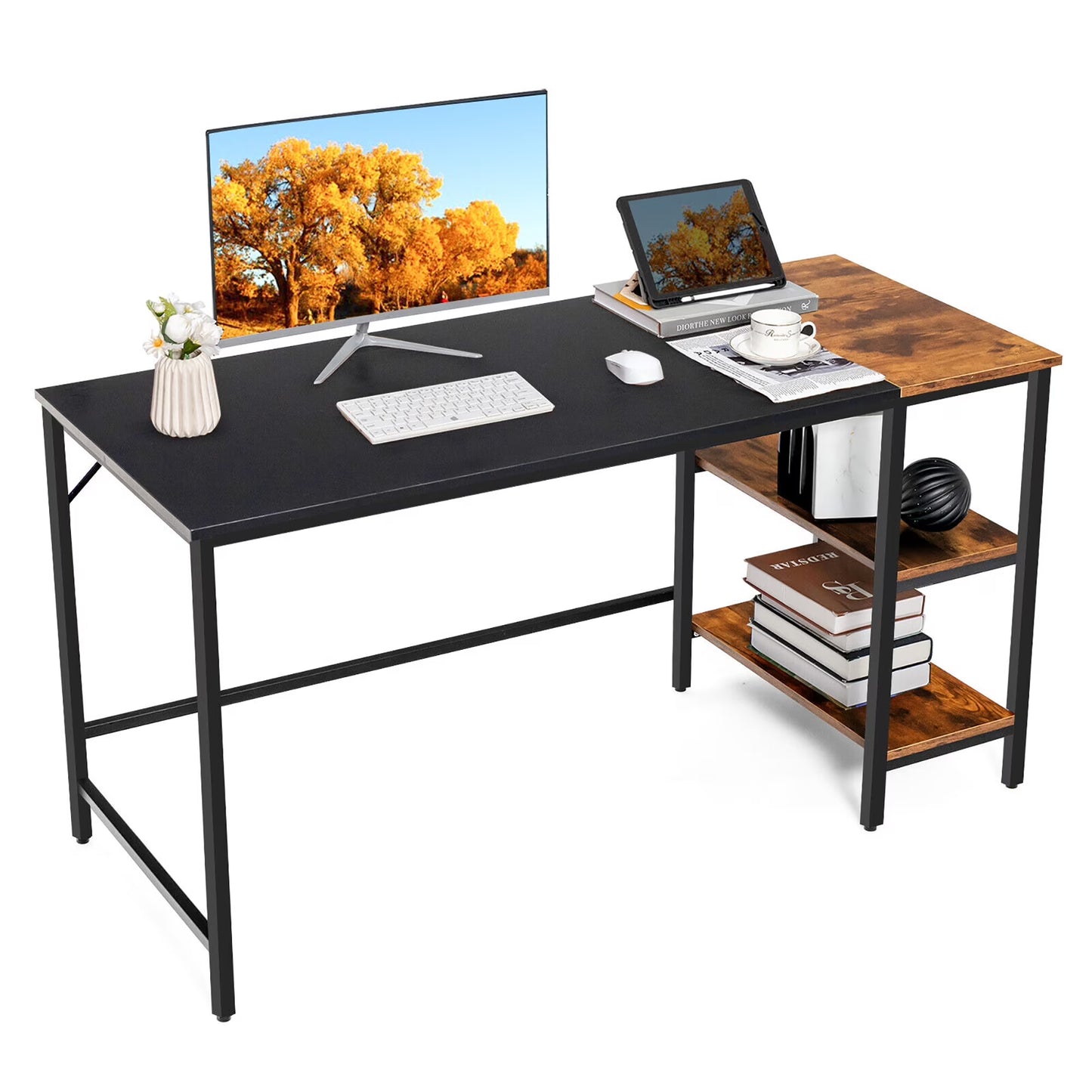 55'' Computer Desk Writing Workstation Study Table Home Office with Bookshelf Rustic