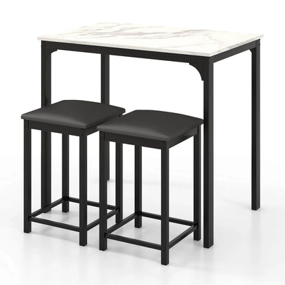 3 Piece Counter Height Dining Set Faux Marble Table and 2 Chairs Kitchen Bar