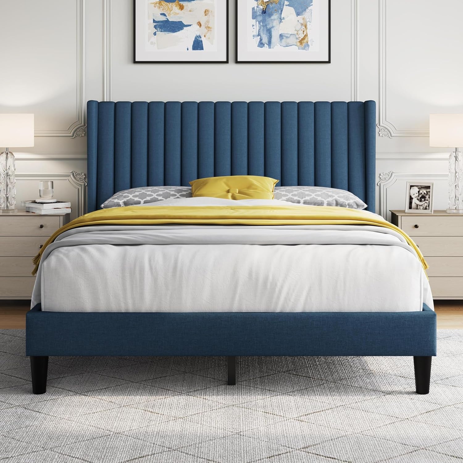 Queen Bed Frame Upholstered Platform Bed with Fabric Headboard, Wing Edge Design/Non-Slip and Noise-Free/Wooden Slats Support/No Box Spring Needed/Easy Assembly, Navy Blue Queen Bed