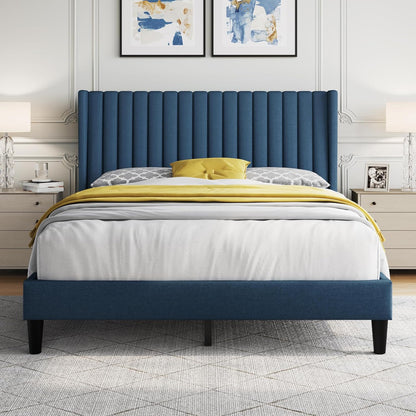 Queen Bed Frame Upholstered Platform Bed with Fabric Headboard, Wing Edge Design/Non-Slip and Noise-Free/Wooden Slats Support/No Box Spring Needed/Easy Assembly, Navy Blue Queen Bed