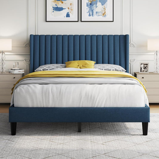 Queen Bed Frame Upholstered Platform Bed with Fabric Headboard, Wing Edge Design/Non-Slip and Noise-Free/Wooden Slats Support/No Box Spring Needed/Easy Assembly, Navy Blue Queen Bed