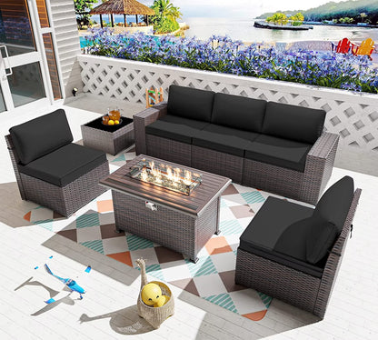 7 Pieces Outdoor Patio Furniture Set with 43" Fire Pit Table Sets Outdoor Furniture Patio Conversation Set (Grey)