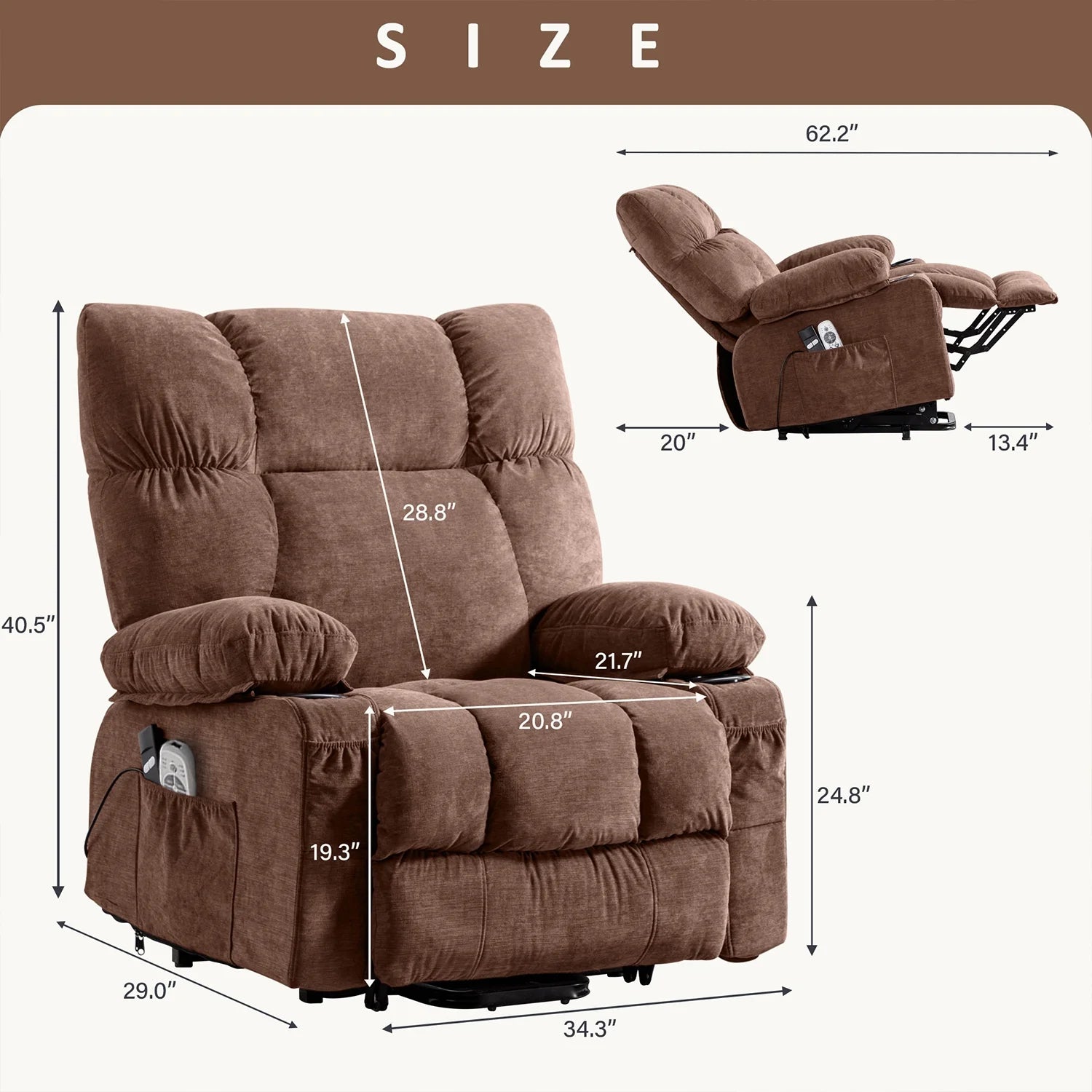 Power Lift Recliner Chair Recliners for Elderly with Heat and Massage Recliner Chair for Living Room with Infinite Position and Side Pocket,Usb Charge Port,Brown
