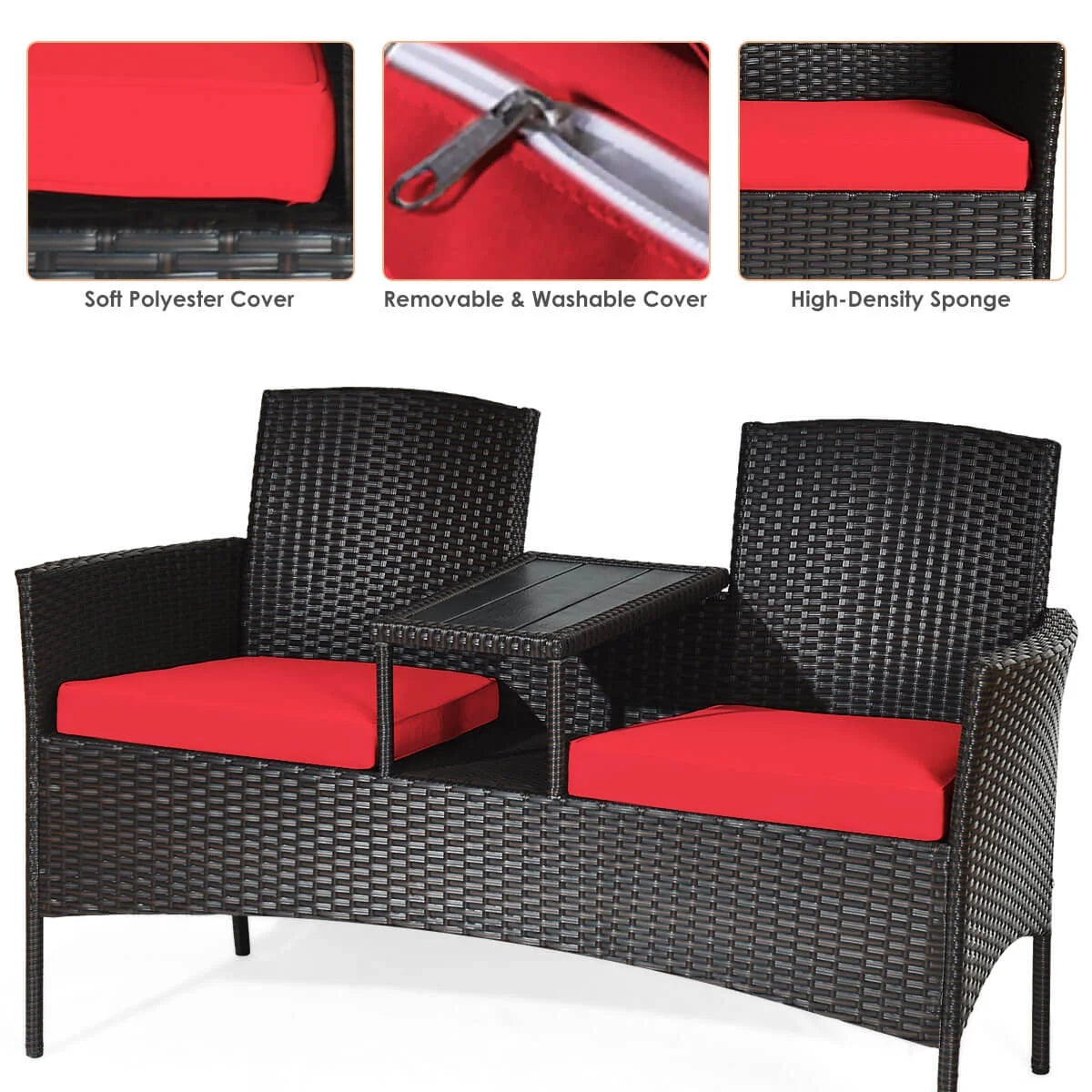 Patio Rattan Conversation Set Seat Sofa Cushioned Loveseat Glass Table Chair Red