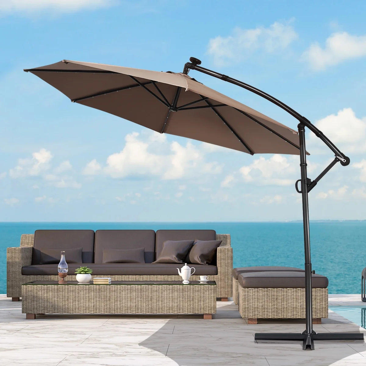 90" Brown Cantilever Patio Umbrellas, LED Lights