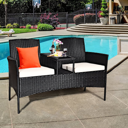 Patio Rattan Conversation Set Seat Sofa Cushioned Loveseat Glass Table Chairs