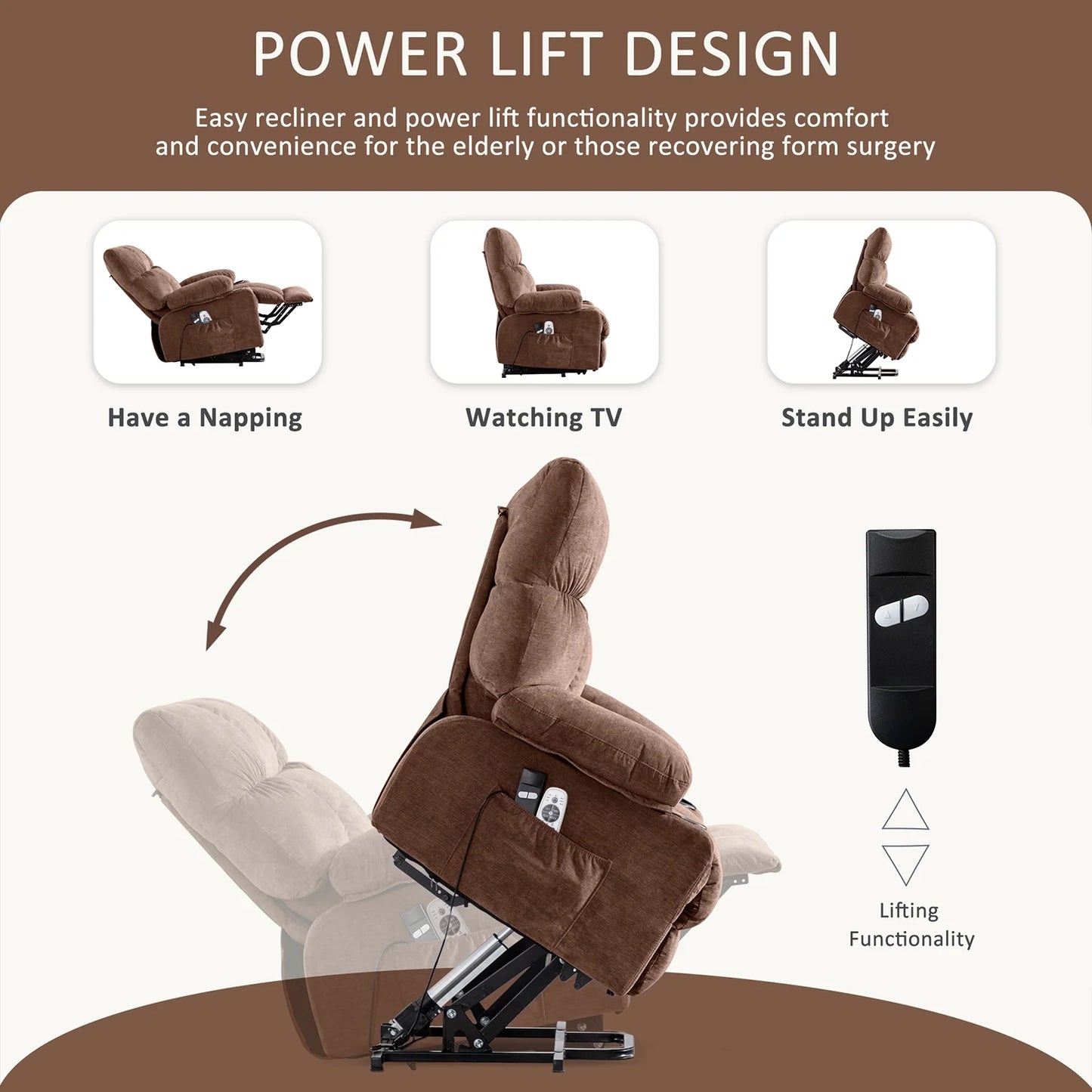 Power Lift Recliner Chair Recliners for Elderly with Heat and Massage Recliner Chair for Living Room with Infinite Position and Side Pocket,Usb Charge Port,Brown