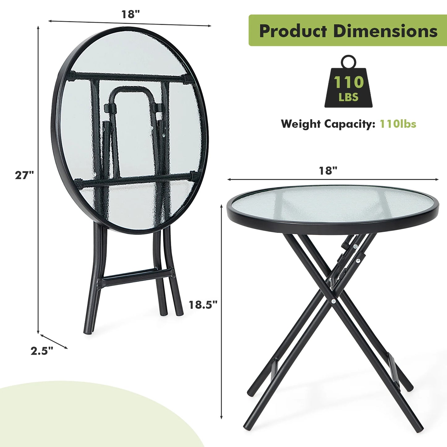 Patio Folding round Glass Side Table Bistro Coffee Table Plant Stand