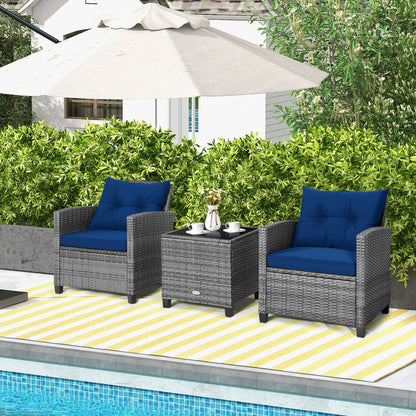 3PCS Patio Rattan Furniture Bistro Set Cushioned Sofas Side Table Armrest Navy