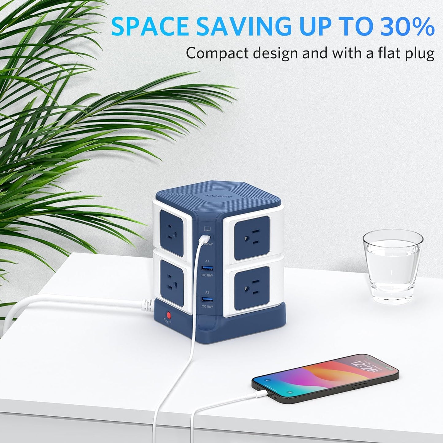 PD 65W USB Power Strip Tower Surge Protector, Desktop Charging Station with 8-Outlet Widely Spaced AC Outlets with 2 USB-A USB-C PD3.0 Ports, 4.9Ft Heavy-Duty Extension Cord for Home Office