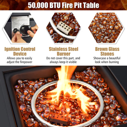 32'' Square Propane Gas Fire Pit Table with Glass Stones Rain Cover 50,000 BTU