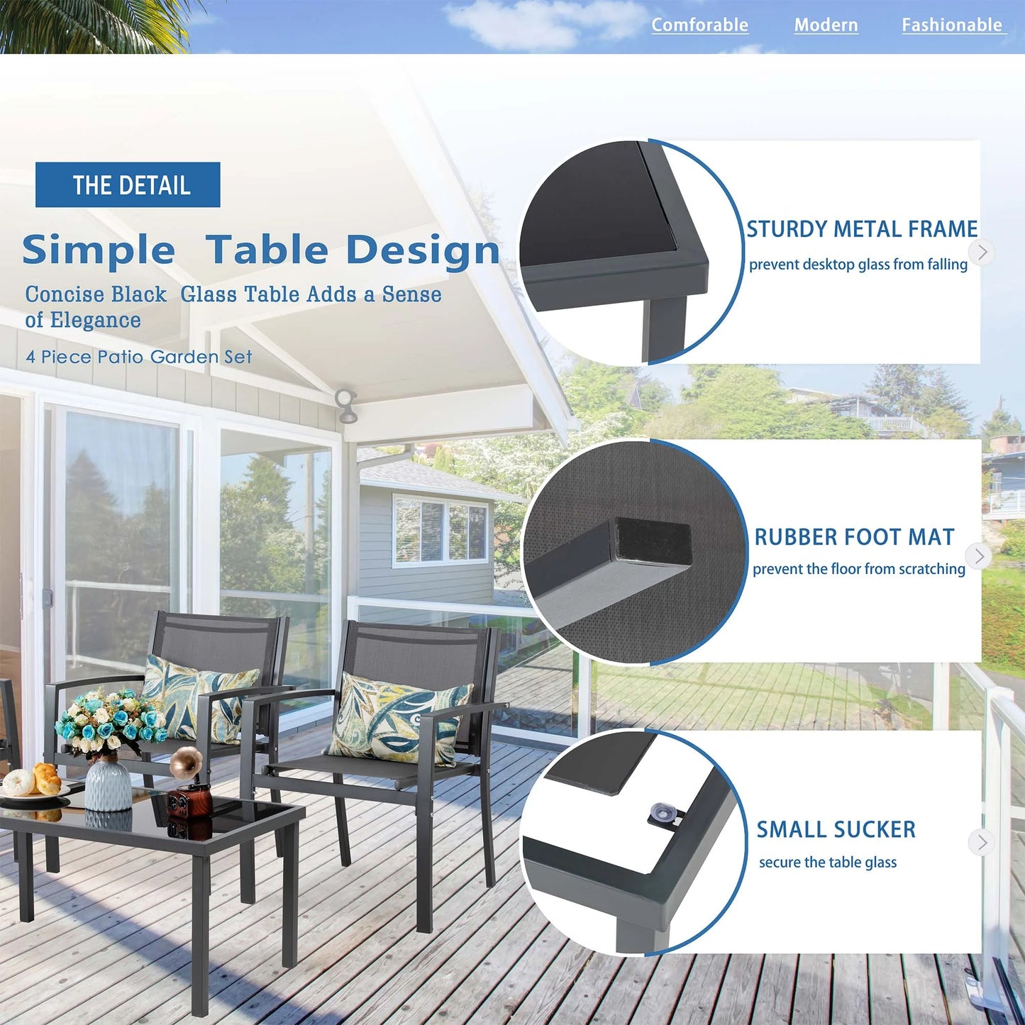 4 Pieces Outdoor Furniture Set All Weather Patio Textilene Steel Conversation Set, Patio Furniture Set Bistro Set with Loveseat Ea Table for Lawn and Balcony, Gray