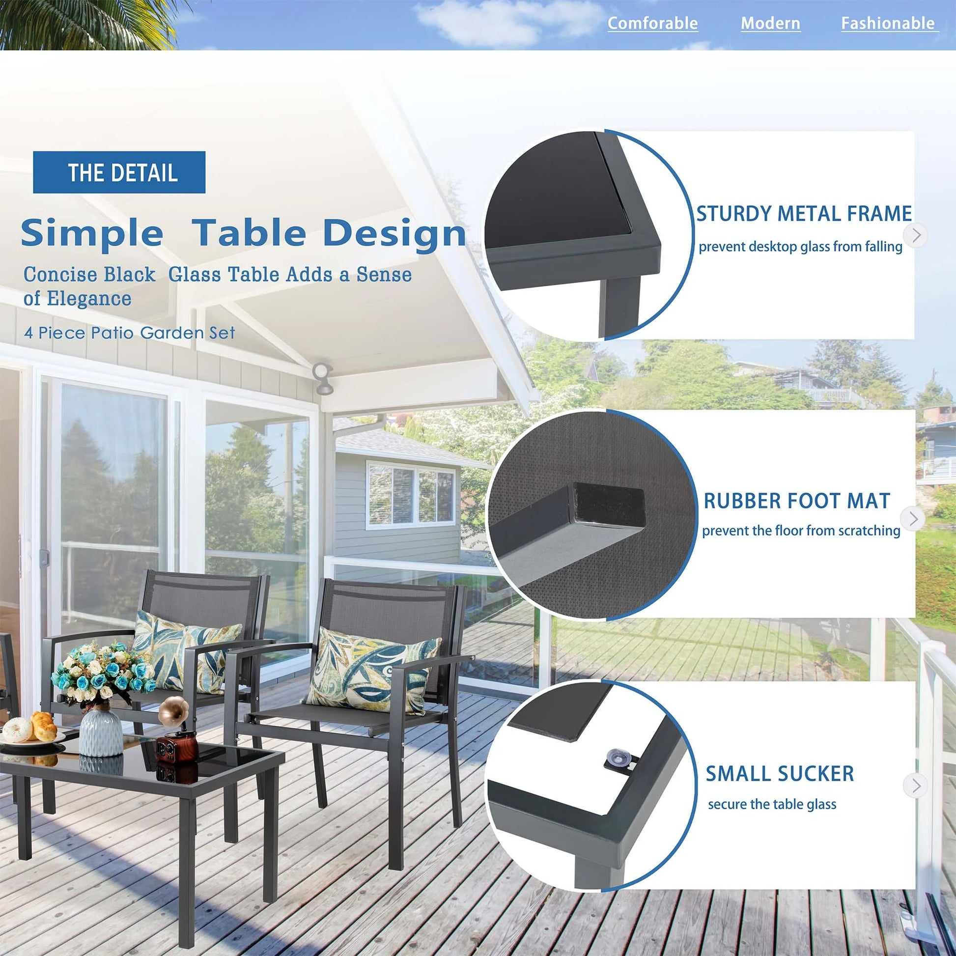 4 Pieces Outdoor Furniture Set All Weather Patio Textilene Steel Conversation Set, Patio Furniture Set Bistro Set with Loveseat Ea Table for Lawn and Balcony, Gray