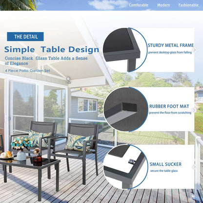 4 Pieces Outdoor Furniture Set All Weather Patio Textilene Steel Conversation Set, Patio Furniture Set Bistro Set with Loveseat Ea Table for Lawn and Balcony, Gray