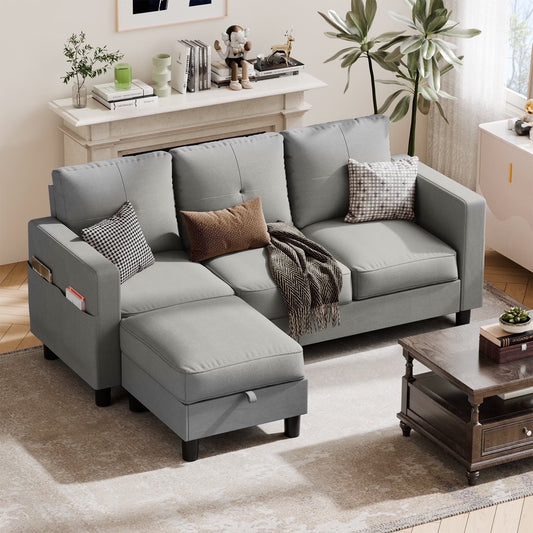 78" Convertible Sectional Sofa Couch L Shaped Couch Sofa for Living Room,Small 3 Seater Sofa Couch with Storage Ottoman and Side Pockets(Light Gray)