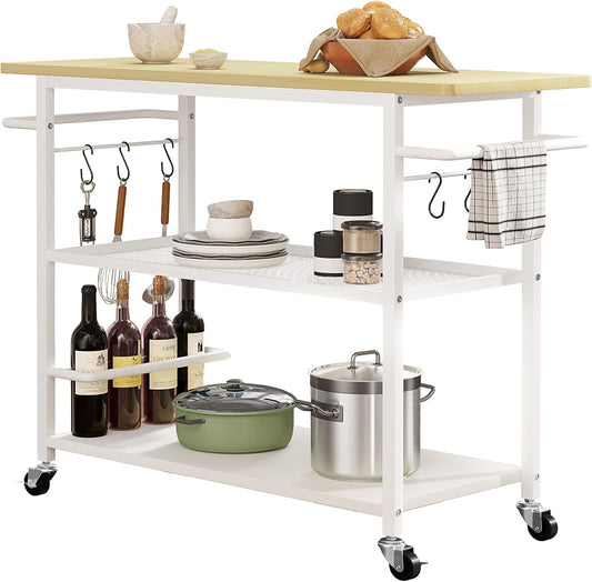 3 Tier Kitchen Island Cart on Wheels, Rolling Kitchen Island with Shelves and Handle for Home Kitchen…