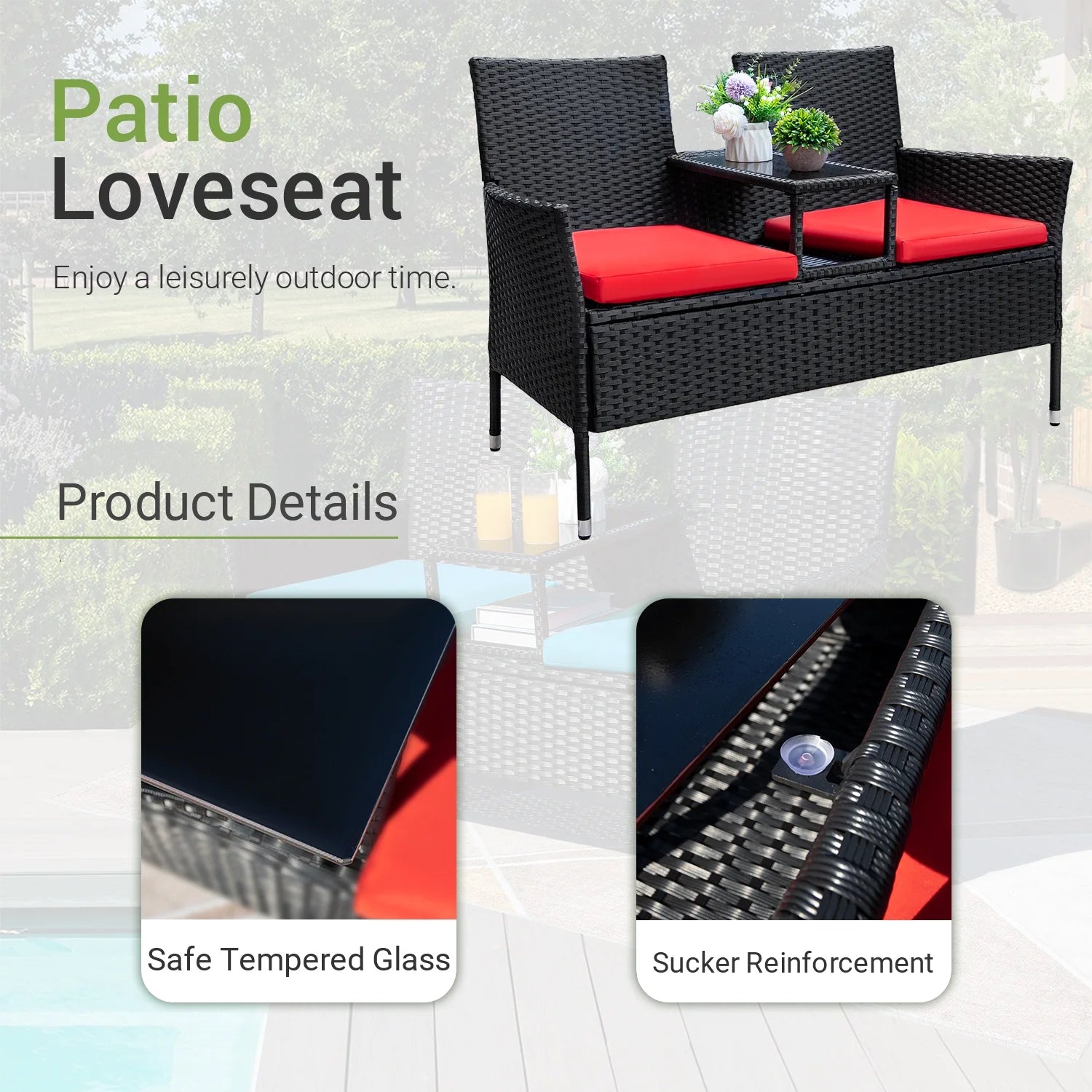 Outdoor Patio Loveseat Modern Rattan Patio Conversation Furniture Set with Cushions and Built-In Coffee Table Porch Furniture for Garden Lawn Backyard, Red