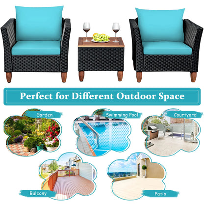 3PCS Outdoor Patio Rattan Furniture Set Wooden Table Cushioned Sofa Turquoise