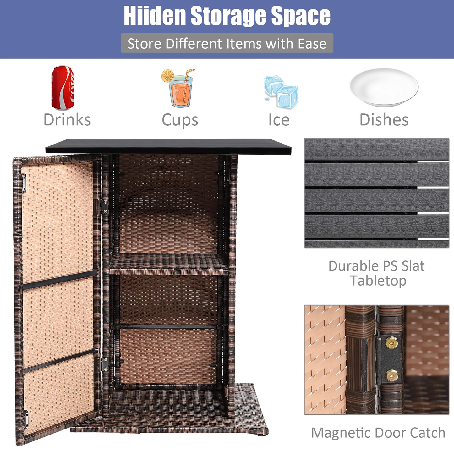5PCS Patio Rattan Bar Table Stool Set Hidden Storage Shelf Cushioned Navy