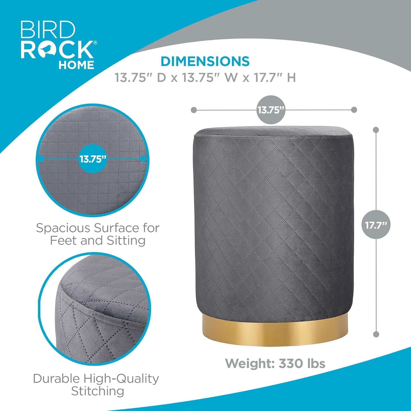 Velvet round Ottoman Foot Stool with Lattice Design and Gold Trim - Soft, Padded Foot Rest for Living Room or Bedroom – Decorative Foot Ottoman for Chair, Rocking Chair or Couch - Grey