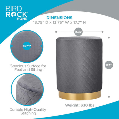 Velvet round Ottoman Foot Stool with Lattice Design and Gold Trim - Soft, Padded Foot Rest for Living Room or Bedroom – Decorative Foot Ottoman for Chair, Rocking Chair or Couch - Grey