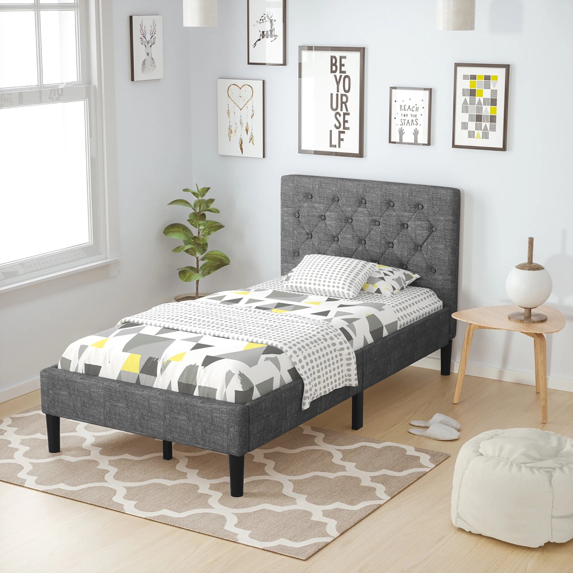 Twin Upholstered Bed Frame Diamond Stitched Headboard Wood Slat Support