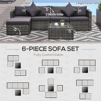 6 Pieces Patio Furniture Sets Outdoor Wicker All Weather PE Rattan Sectional Sofa Set with Ottoman, Cushions & Tempered Glass Desktop, Gray