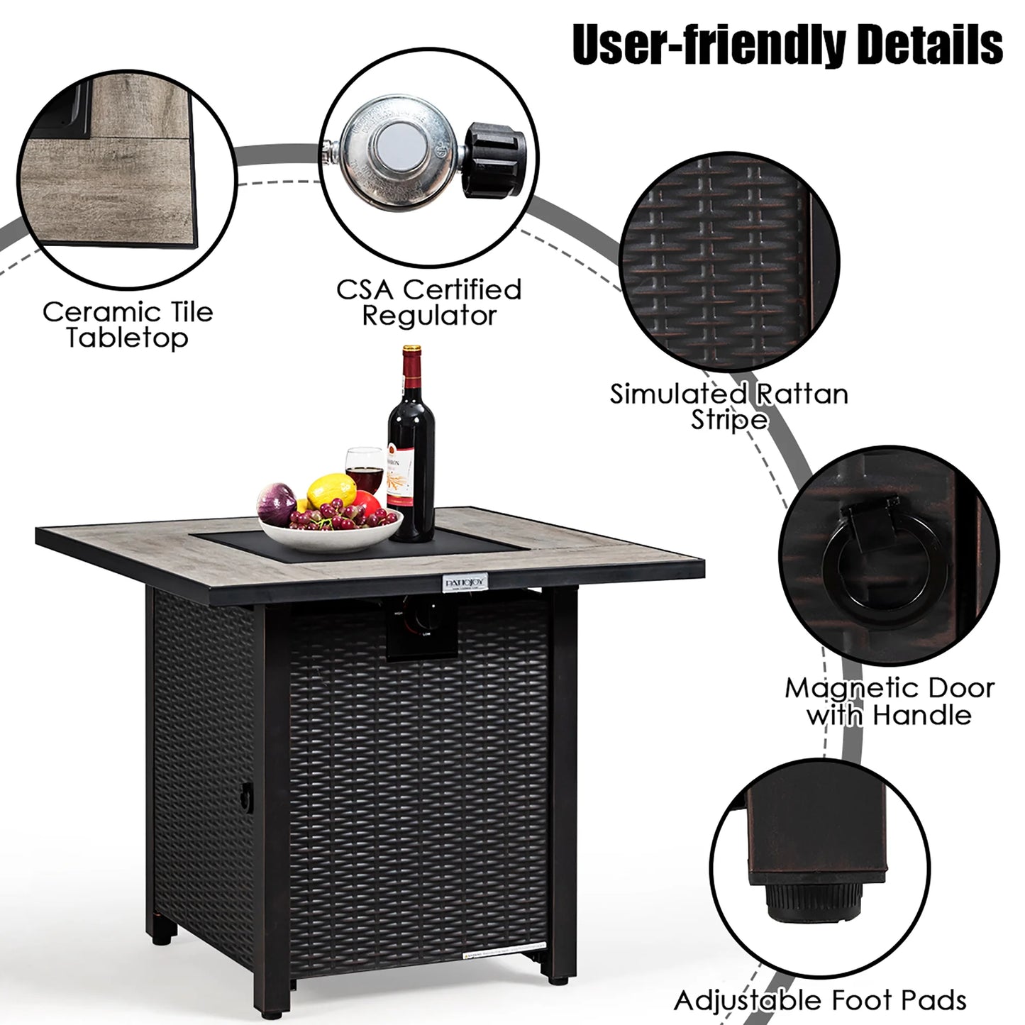 30'' Square Propane Gas Fire Pit Table Ceramic Tabletop 50,000 BTU with Cover